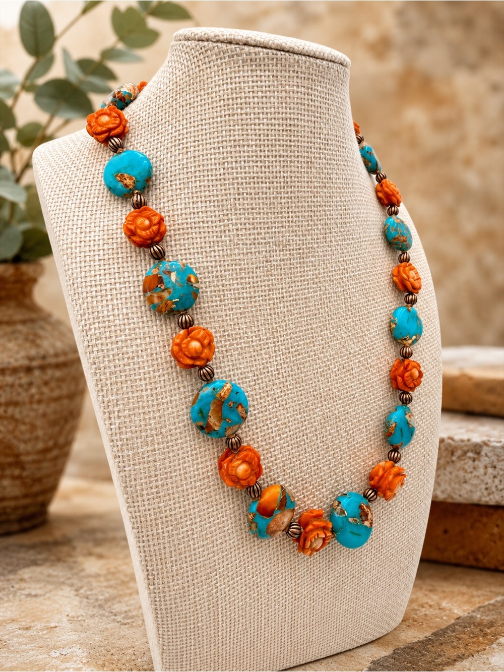 Artisan Hand Knotted Emperor Jasper Carved Coral floral bead Copper Necklace 18”